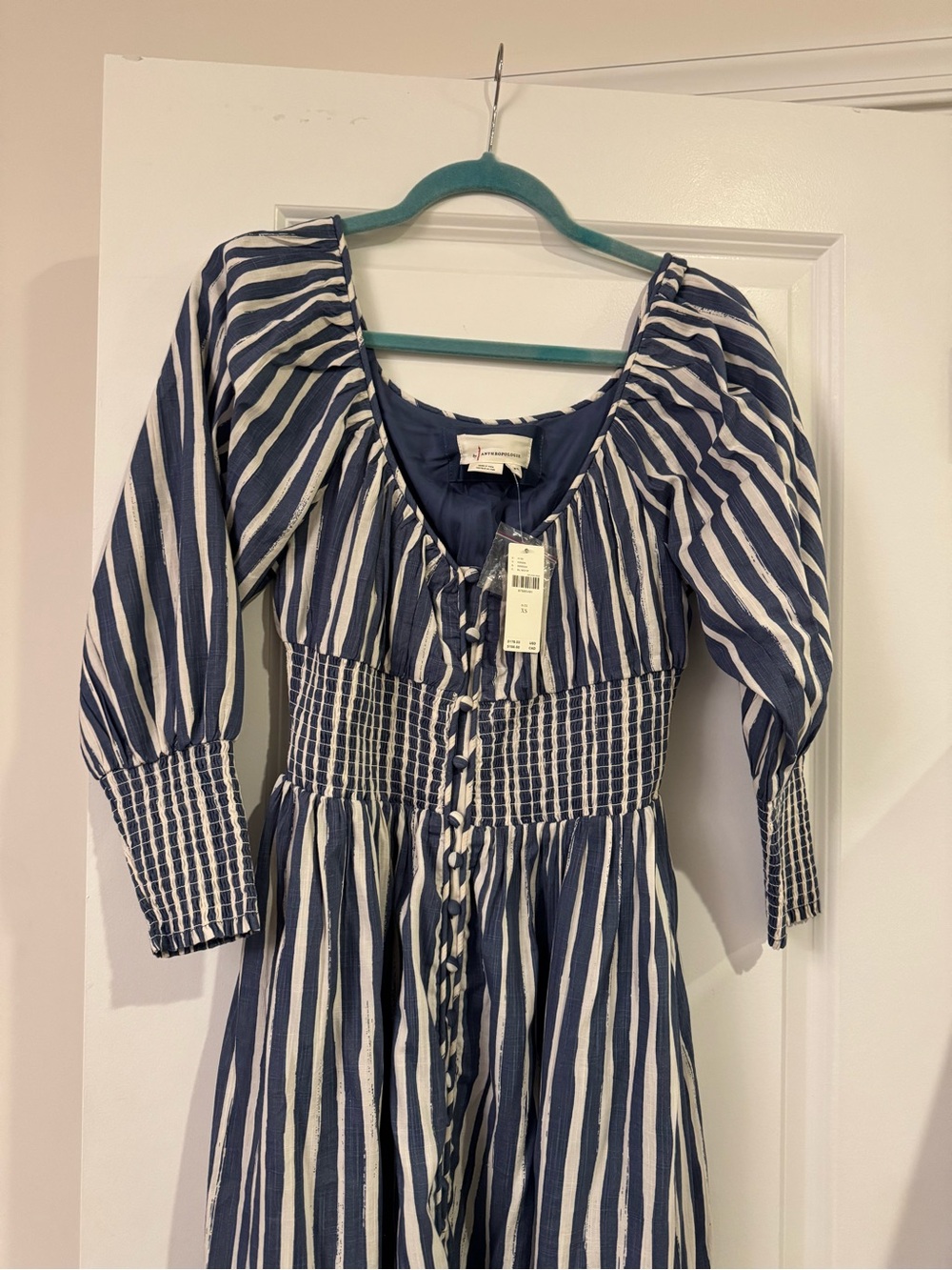 Anthropologie Navy and White Striped Button-Front Maxi Dress - Picture 6 of 6